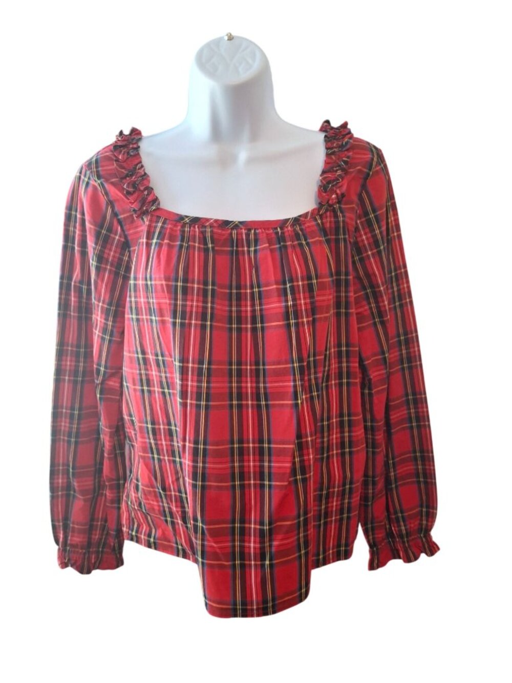 J Crew S Red Tartan Plaid Ruffle Blouse Holiday Christmas Preppy Cottagecore